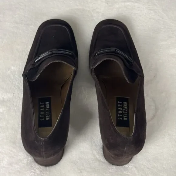 Stuart Weitzman Brown Suede Chain Link Pumps Block Heel Square Toe Womens Size 9 - Picture 8 of 12